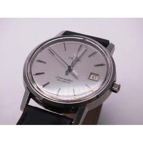 325 - GENTS OMEGA SEAMASTER DATE-JUST QUARTZ WATCH WITH LEATHER STRAP