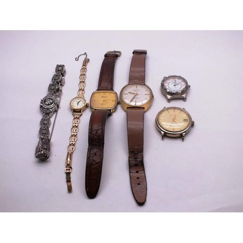 328 - SIX GENTS/LADIES WATCHES INCLUDES LADIES SEKONDA ROLLED GOLD, MARCASITE AND DELVINA GENEVE