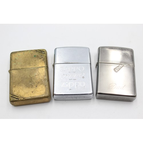 457 - 3 x Assorted ZIPPO Lighters Inc Vintage, Brass, Engraved, Plain Etc