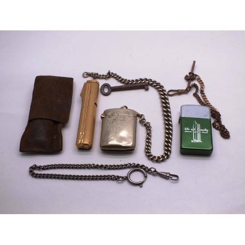 329 - VINTAGE COLLECTABLES INCLUDING VESTA , POCKET WATCH CHAINS, RONSON LIGHTER IN POUCH, LIGHTER AND KEY