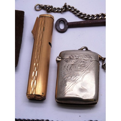 329 - VINTAGE COLLECTABLES INCLUDING VESTA , POCKET WATCH CHAINS, RONSON LIGHTER IN POUCH, LIGHTER AND KEY