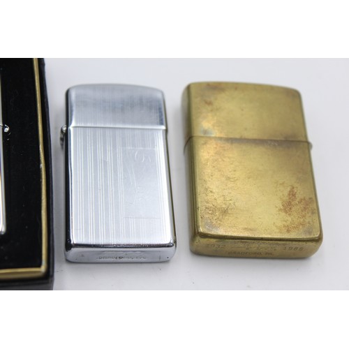 465 - 3 x Assorted ZIPPO Lighters Inc Vintage, Boxed, Slimline, Brass Etc