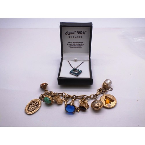 337 - CHUNKY GOLD PLATED CHARM BRACELET AND 925 SILVER CHAIN WITH CRYSTAL SWAROVSKI ELEMENTS PENDANT - BOX... 