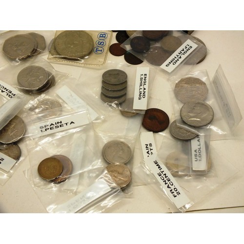 338 - JOBLOT OF ALL WORLD COINS INCLUDES SIXPENCES, 50 PENCES, USA DOLLAR AND HALF DOLLARS