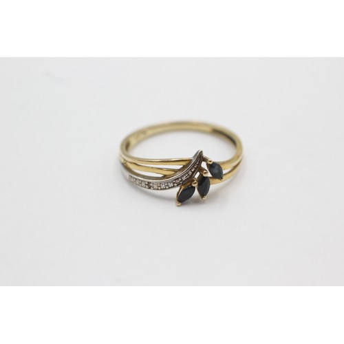 476 - 9ct gold sapphire & diamond stylised floral setting ring (1.6g)Size- Q