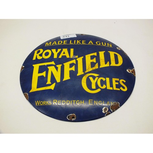 341 - ENAMEL SIGN- ROYAL ENFIELD CYCLES- MADE LIKE A GUN- DIAMETER 12