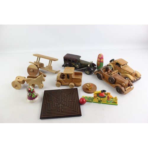 478 - 10 x WOODEN Toys Inc. Cars, Maze Puzzle, Spinning Top Etc.