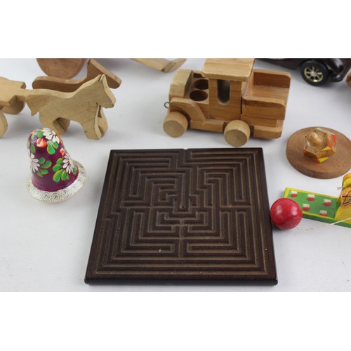 478 - 10 x WOODEN Toys Inc. Cars, Maze Puzzle, Spinning Top Etc.