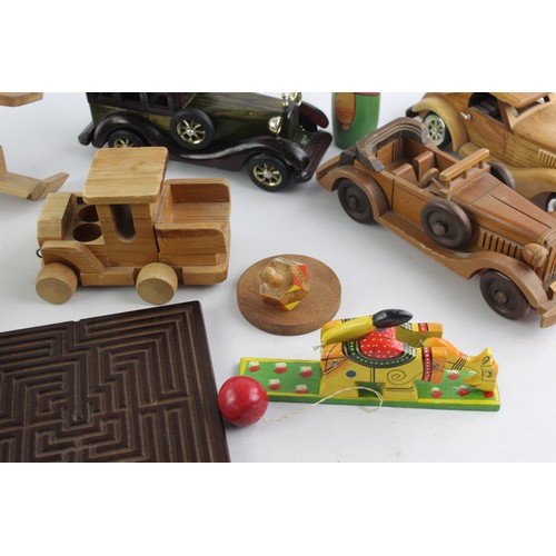 478 - 10 x WOODEN Toys Inc. Cars, Maze Puzzle, Spinning Top Etc.