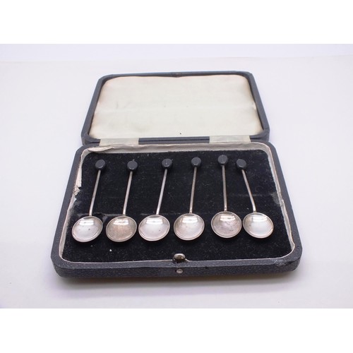 351 - CASED SET OF SIX SILVER COFFEE BEAN SPOONS BIRMINGHAM 1930 WILLIAM SUCKLING LTD