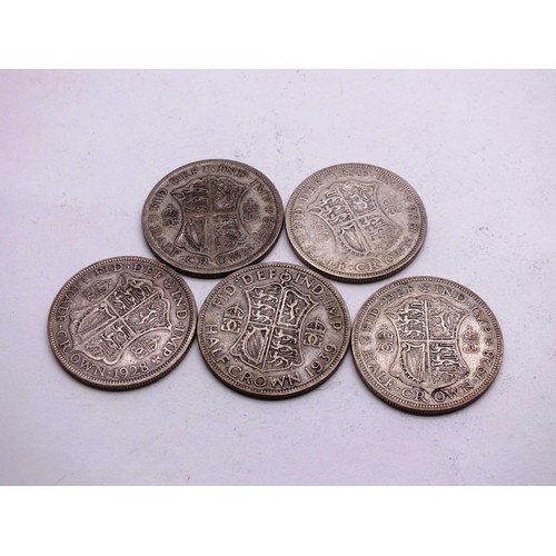 368 - FIVE PRE 1947 SILVER HALF CROWNS 2 x 1928, 1929, 1936 AND 1939