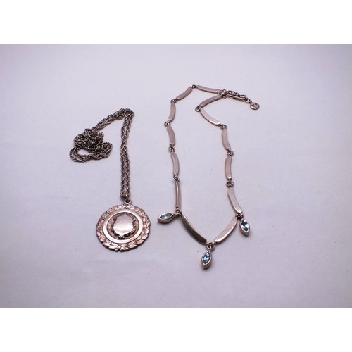 379 - SILVER FOB AND CHAIN AND A SILVER AQUAMARINE NECKLACE- 43G