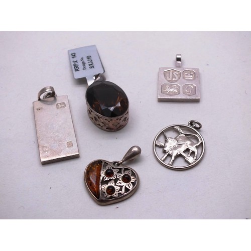 380 - FIVE SILVER PENDANTS, INGOTS, AMBER AND SILVER HEART AND SMOKY QUARTZ