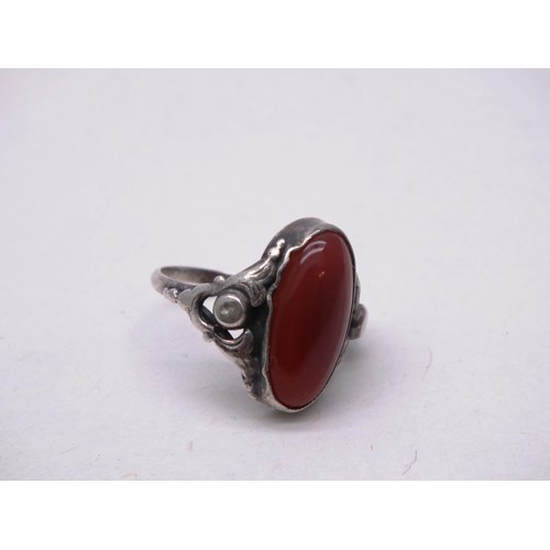 388 - ANTIQUE SILVER CARNELIAN SOLITAIRE RING SIZE E AND ANTIQUE SILVER TIGERS EYE SOLITAIRE RING - SIZE K