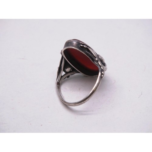 388 - ANTIQUE SILVER CARNELIAN SOLITAIRE RING SIZE E AND ANTIQUE SILVER TIGERS EYE SOLITAIRE RING - SIZE K