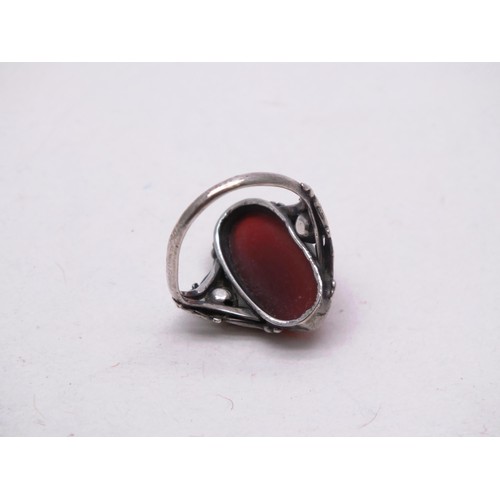 388 - ANTIQUE SILVER CARNELIAN SOLITAIRE RING SIZE E AND ANTIQUE SILVER TIGERS EYE SOLITAIRE RING - SIZE K