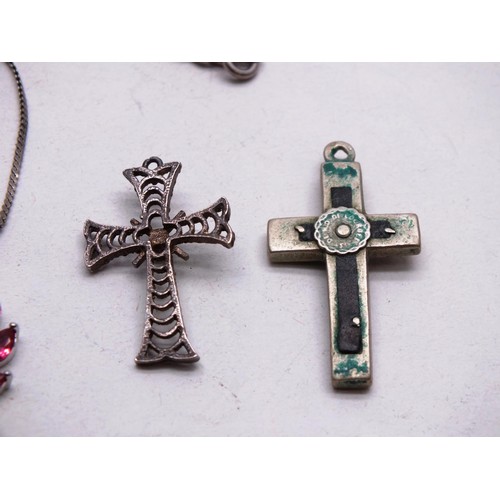 14 - JEWELLERY INCLUDES SILVER BRACELET, SILVER NECKLACE, CHAIN AND TWO CRUCIFIX PENDANTS