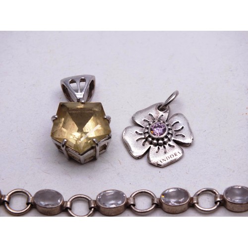 24 - JEWELLERY INCLUDES SILVER PANDORA PENDANT, SILVER BRACELET, RING AND CITRINE GLASS PENDANT