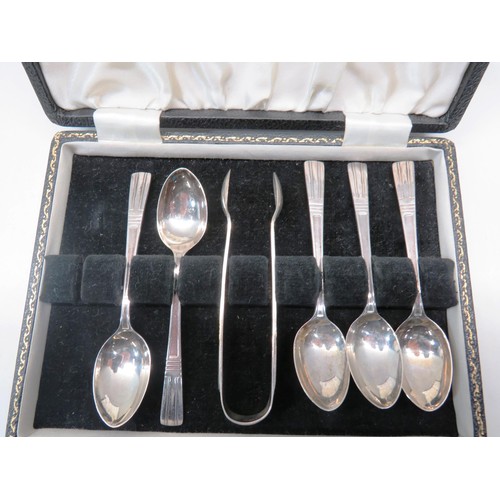 161 - BOXED SET OF STERLING SILVER SPOONS AND SUGAR NIPS- 