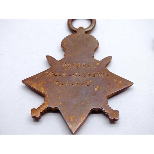 280 - WWI CASUALTY MEDALS - 1914-15 STAR AND WAR MEDAL TO 45658 CPL.F.SMITH.R.A.M.C.- DIED OF WOUNDS 11-8-... 