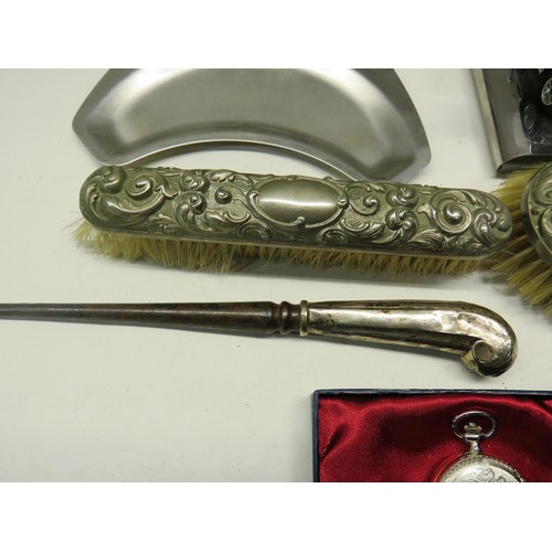 329 - SILVER PLATED BRUSH AND BOOT LACING TOOL CLOTHES BRUSH, POCKET WATCH AND TWO ROLLS ROYCE ASHTRAYS