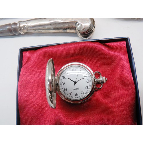 329 - SILVER PLATED BRUSH AND BOOT LACING TOOL CLOTHES BRUSH, POCKET WATCH AND TWO ROLLS ROYCE ASHTRAYS