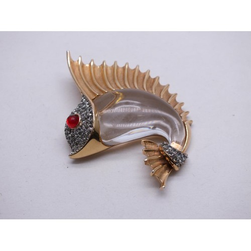 11 - VINTAGE TRIFARI LUCITE JELLY BELLY GOLD GILT SAIL FISH BROOCH CIRCA 1940'S BY NORMAN BEL GEDDES- APP... 