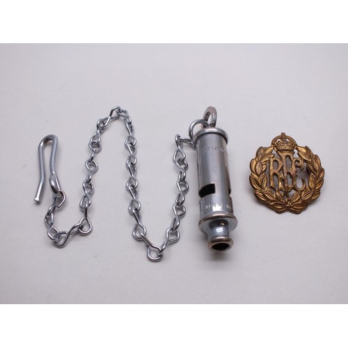47 - OLD METROPOLITAN POLICE WHISTLE ON ORIGINAL CHAIN AND CAP BADGE
