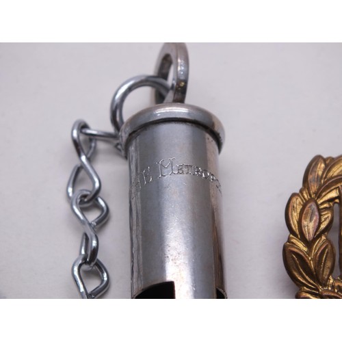 47 - OLD METROPOLITAN POLICE WHISTLE ON ORIGINAL CHAIN AND CAP BADGE