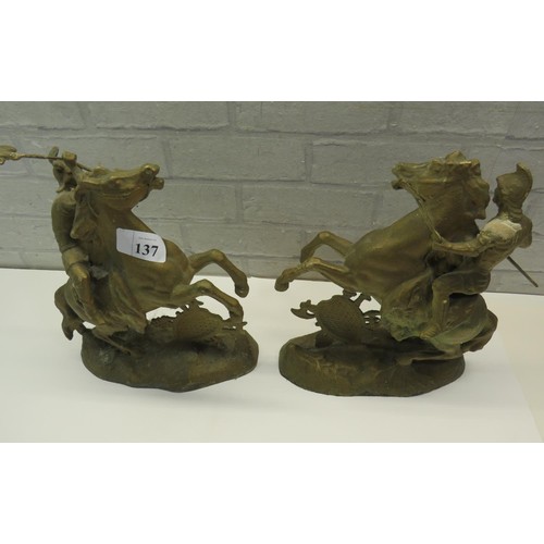 137 - PAIR OF SPELTER REARING HORSE & RIDER STATUES