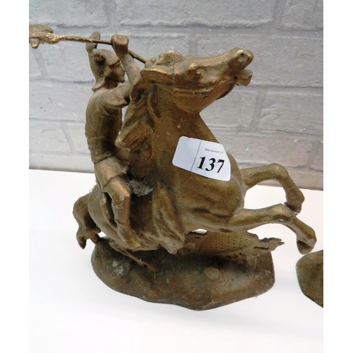 137 - PAIR OF SPELTER REARING HORSE & RIDER STATUES