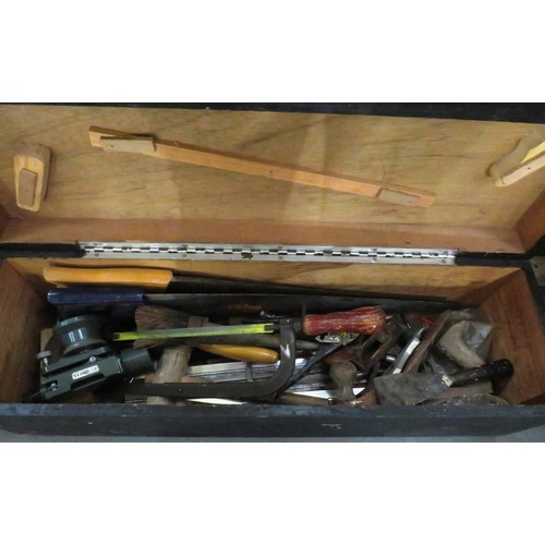 253 - SMALL WOODEN TOOLBOX AND CONTENTS