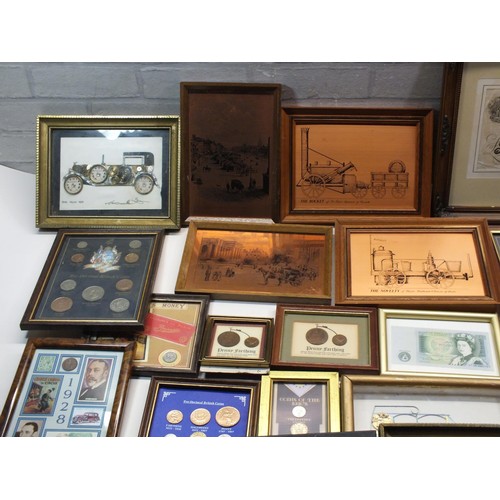 507 - Job Lot Assorted Pictures / Frames Inc Coins, Copper Etching Etc