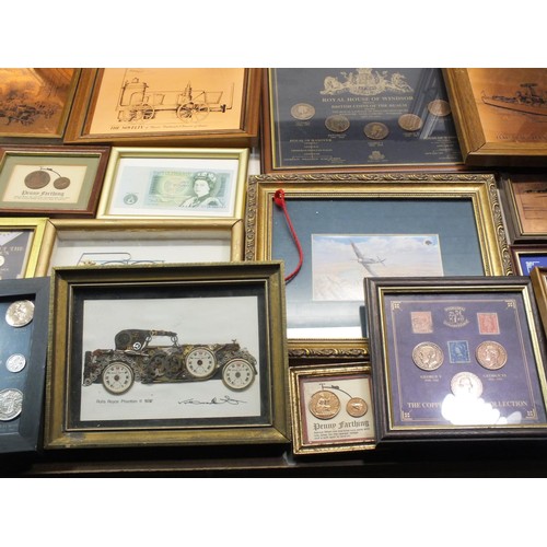 507 - Job Lot Assorted Pictures / Frames Inc Coins, Copper Etching Etc