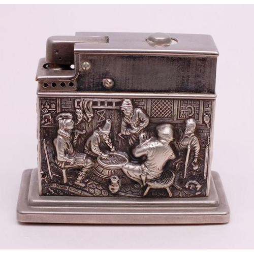 37 - SILVER MOUNTED MYFLAM TABLE LIGHTER PUSH BUTTON - SPARKING - TAVERN SCENE