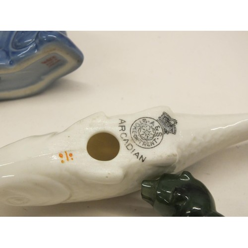 202 - FIVE COLLECTABLE ANIMAL ORNAMENTS INCLUDES CARVED JADE BEAR, WADE WHALE & CRESTED CHINA FISH