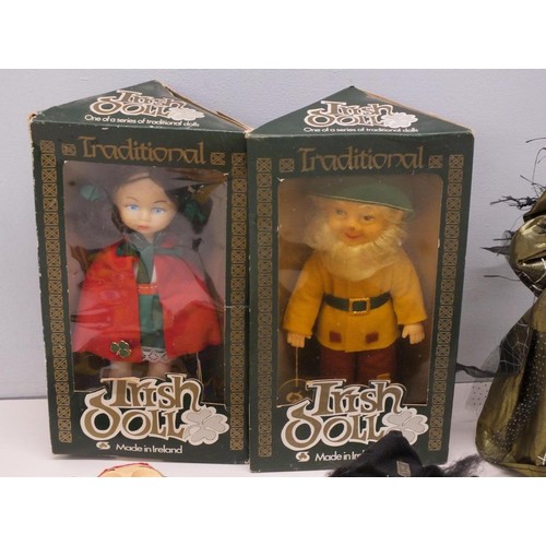 205 - TWO TRADITIONAL IRISH DOLLS (BOXED), WITCH, JESTER HAND PUPPET etc