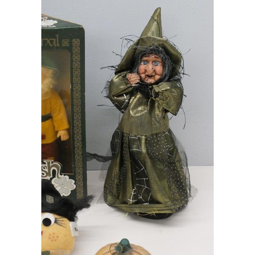 205 - TWO TRADITIONAL IRISH DOLLS (BOXED), WITCH, JESTER HAND PUPPET etc