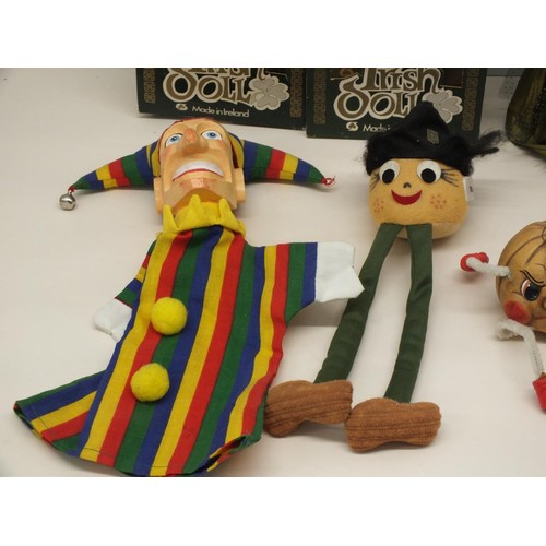 205 - TWO TRADITIONAL IRISH DOLLS (BOXED), WITCH, JESTER HAND PUPPET etc