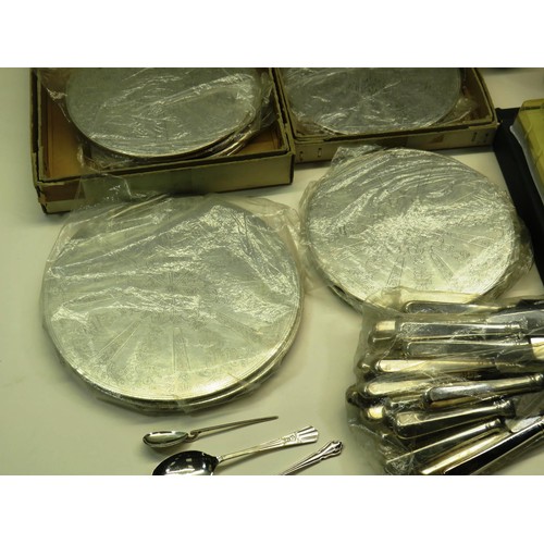 181 - TWO TRAY OF SILVER PLATE AND PERTER INCLUDES KNIVES, TANKARDS, PLACEMATS