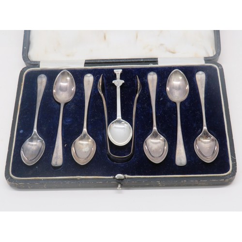 186 - CASED SET OF SIX TEASPOONS AND SUGAR TONGS AND ONE OTHER SILVER TEASPOON