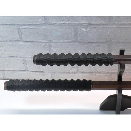 187 - WOODEN TRAINING SAMURAI SWORDS AND STAND