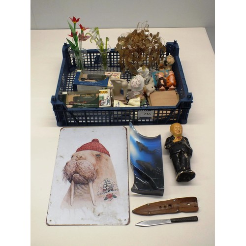 216 - TRAY OF MISC INCLUDES NEGATIVES, GLASS FLOWERS, METAL SIGN, THE OFFICE SHARKS ORNAMENT & OUR MONEY T... 