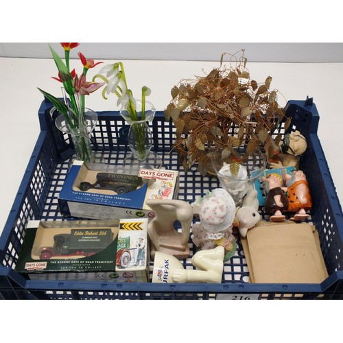 216 - TRAY OF MISC INCLUDES NEGATIVES, GLASS FLOWERS, METAL SIGN, THE OFFICE SHARKS ORNAMENT & OUR MONEY T... 