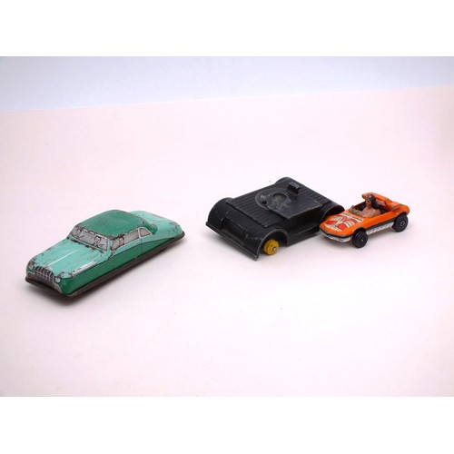 249 - THREE VINTAGE CARS, CORGI WONDER WOMAN, DINKY AND TINPLATE