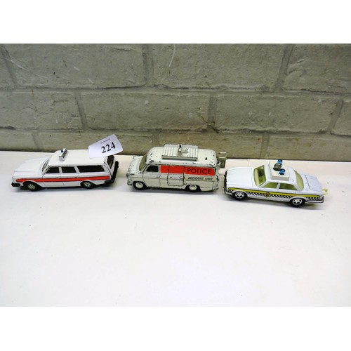 224 - 1960's DINKY POLICE VAN WITH SLIDING DOORS, CORGI VOLVO POLICE CAR & MATCHBOX POLICE CAR