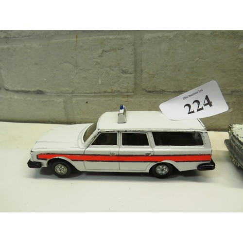 224 - 1960's DINKY POLICE VAN WITH SLIDING DOORS, CORGI VOLVO POLICE CAR & MATCHBOX POLICE CAR