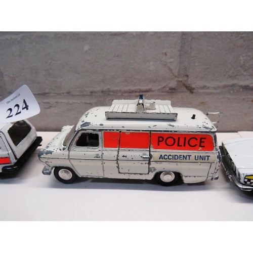 224 - 1960's DINKY POLICE VAN WITH SLIDING DOORS, CORGI VOLVO POLICE CAR & MATCHBOX POLICE CAR