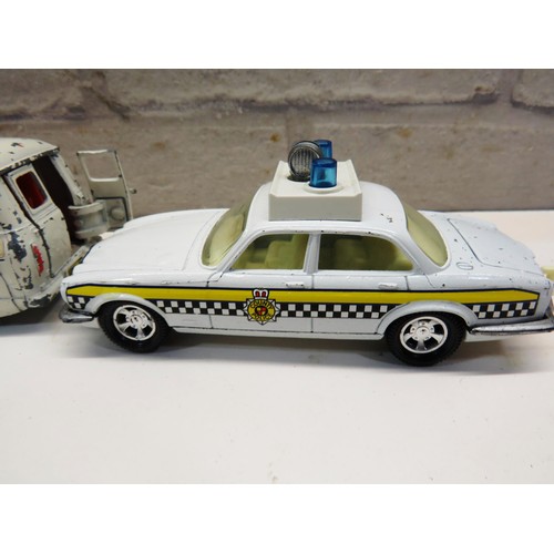 224 - 1960's DINKY POLICE VAN WITH SLIDING DOORS, CORGI VOLVO POLICE CAR & MATCHBOX POLICE CAR