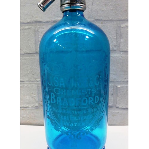 353 - VINTAGE BLUE GLASS SODA SIPHON ETCHED IN GLASS 